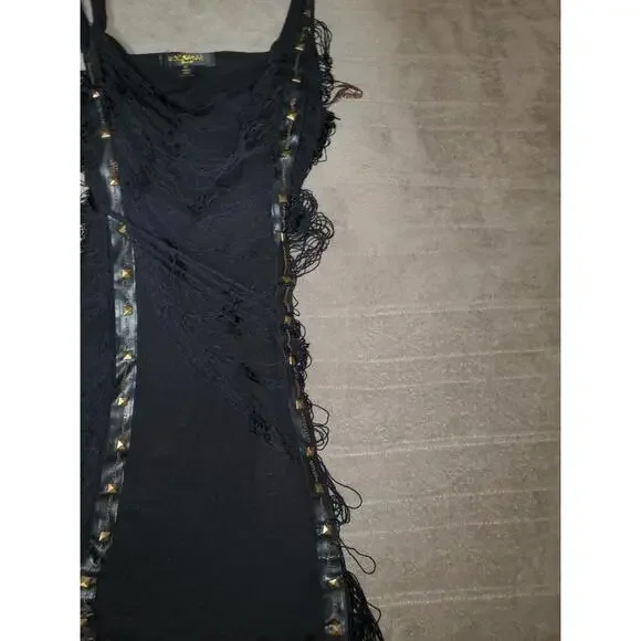 Vintage Rocawear Black Distressed Fringe Mini Dress - Picture 2 of 9